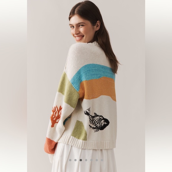 Pilcro Anthro Icon Graphic Fish Beach Cardigan Sweater Medium - Picture 3 of 7